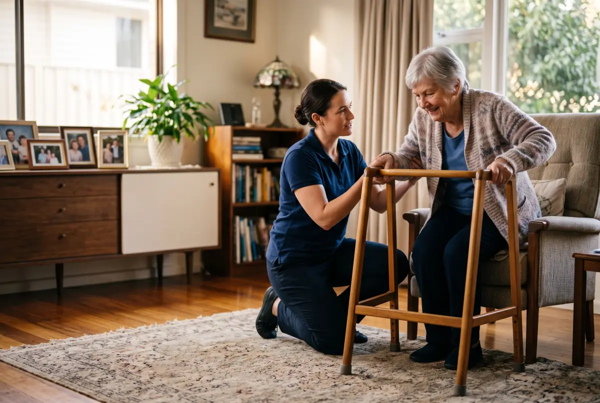 A physiotherapist kneels beside an older woman as she uses a walking frame to rise from her armchair at home.