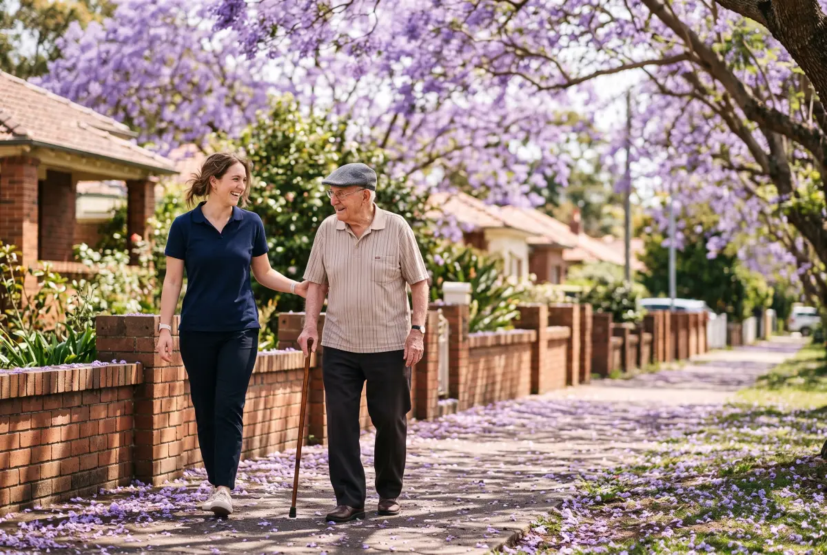 A physiotherapist walks beside an older man with a walking stick on a tree-lined footpath.