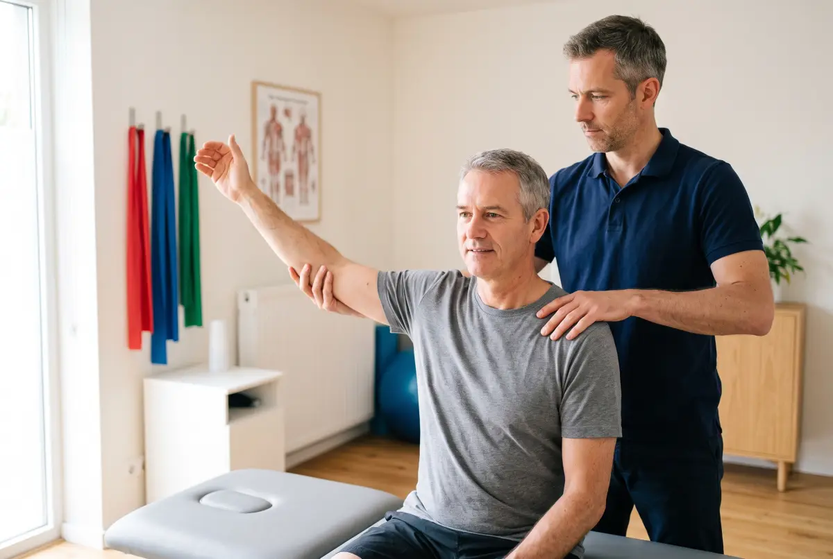A physiotherapist supports a man's arm as he lifts it out to the side during a treatment session.